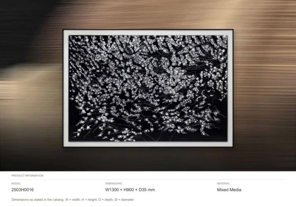 White Blossom on Black Mosaic in Frame, 130 x 90 cm — dimensions