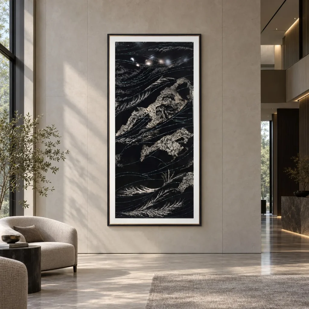 Tall Silver Waves on Black Relief in Frame, 110 x 225 cm — front view