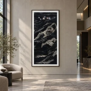 Tall Silver Waves on Black Relief in Frame, 110 x 225 cm — front view