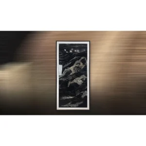 Tall Silver Waves on Black Relief in Frame, 110 x 225 cm — in a room setting
