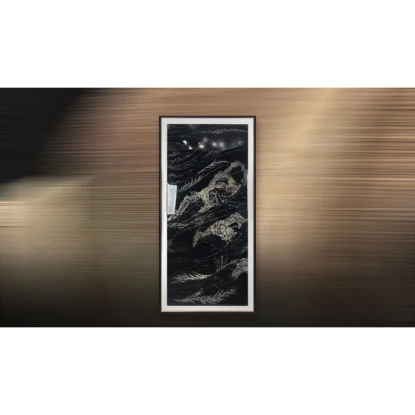 Tall Silver Waves on Black Relief in Frame, 110 x 225 cm — in a room setting