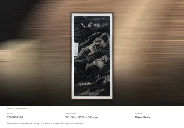 Tall Silver Waves on Black Relief in Frame, 110 x 225 cm — dimensions