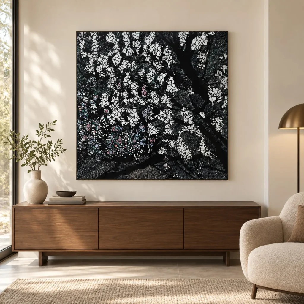 White Blossom Mosaic on Black Square Panel, 90 x 90 cm in black — front view