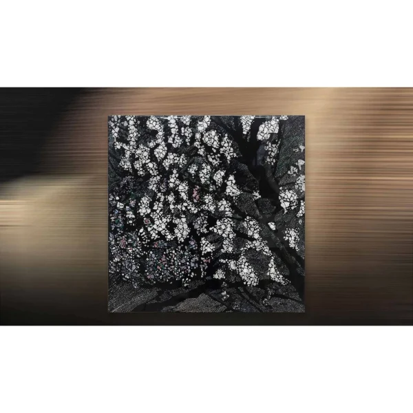 White Blossom Mosaic on Black Square Panel, 90 x 90 cm in black — in a room setting