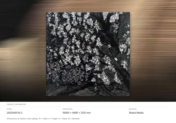 White Blossom Mosaic on Black Square Panel, 90 x 90 cm in black — dimensions