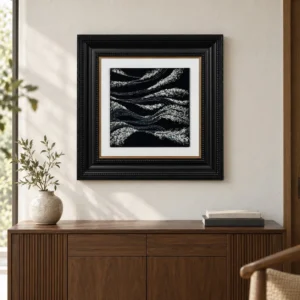 Silver Waves on Black in Ornate Black Frame, 65 x 65 cm — front view