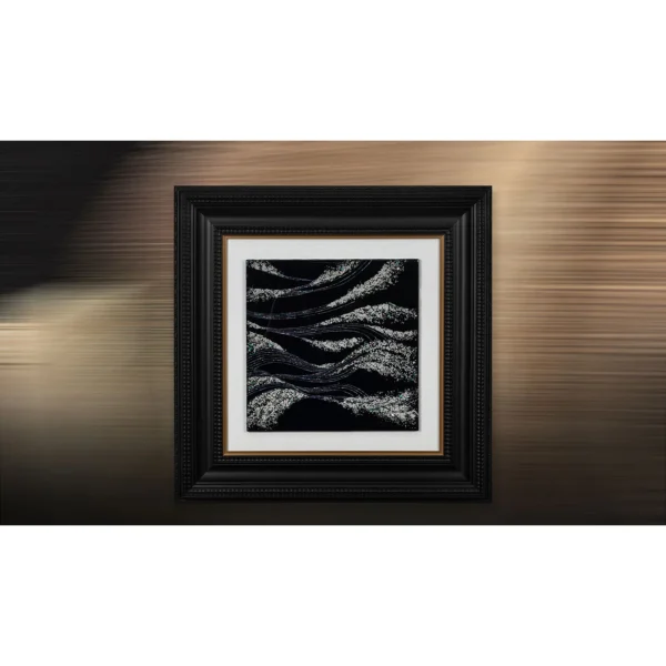 Silver Waves on Black in Ornate Black Frame, 65 x 65 cm — in a room setting