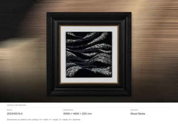 Silver Waves on Black in Ornate Black Frame, 65 x 65 cm — dimensions