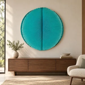 Round Turquoise Split Disc Relief Wall Art, 107 x 100 cm in blue — front view