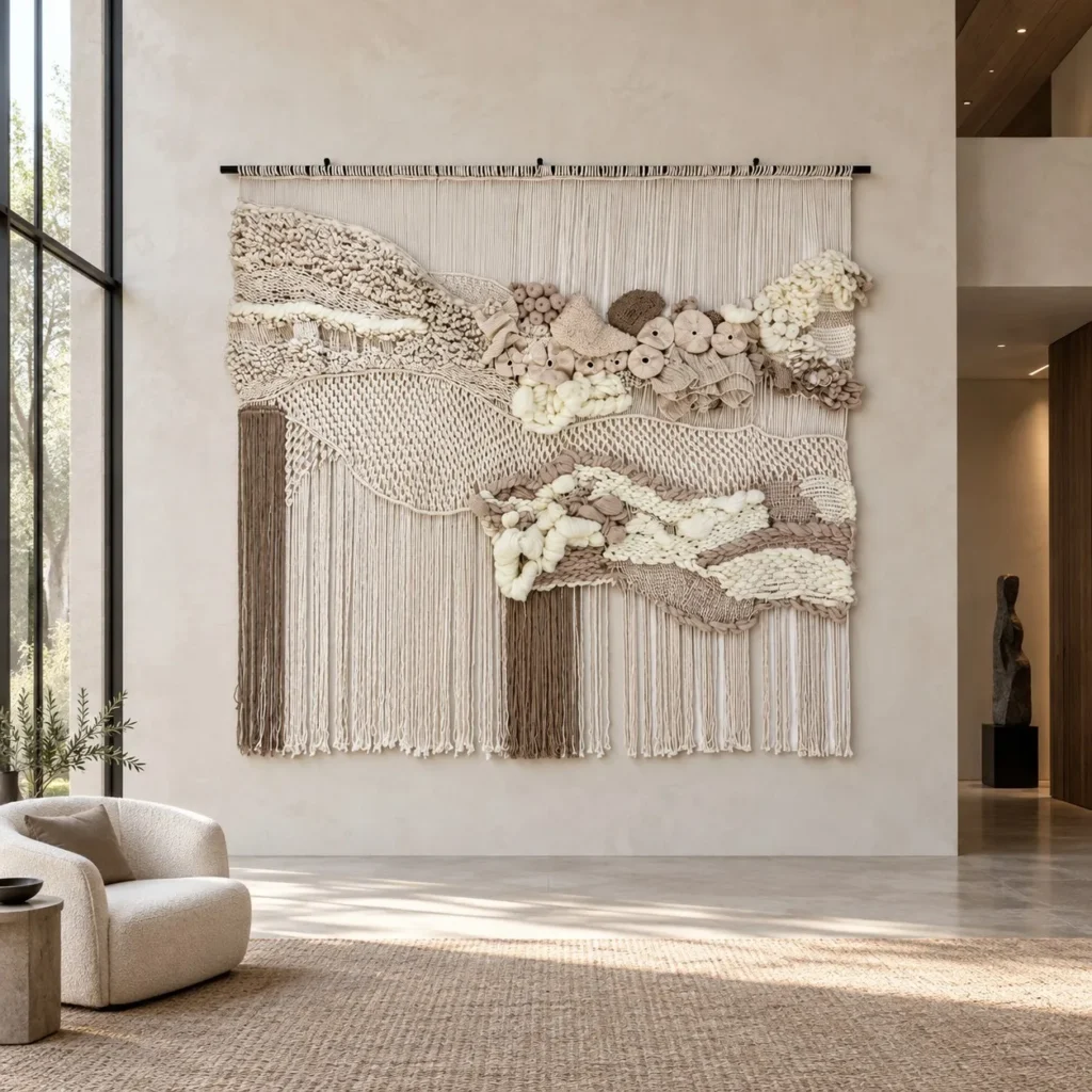 Monumental Fibre Art Wall Hanging in oatmeal — front view