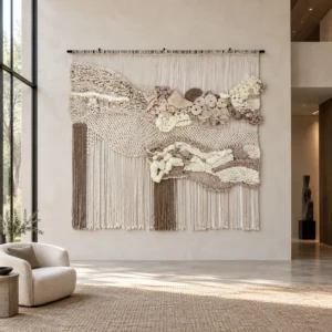 Monumental Fibre Art Wall Hanging in oatmeal — front view