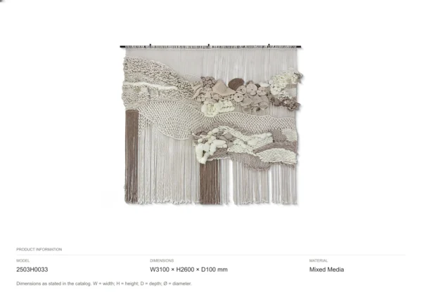 Monumental Fibre Art Wall Hanging in oatmeal — dimensions