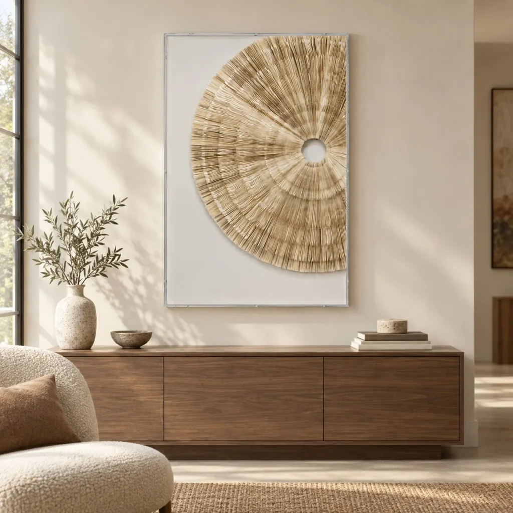 Woven Raffia Fan Relief in White Frame, 80 x 120 cm — front view
