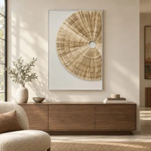 Woven Raffia Fan Relief in White Frame, 80 x 120 cm — front view