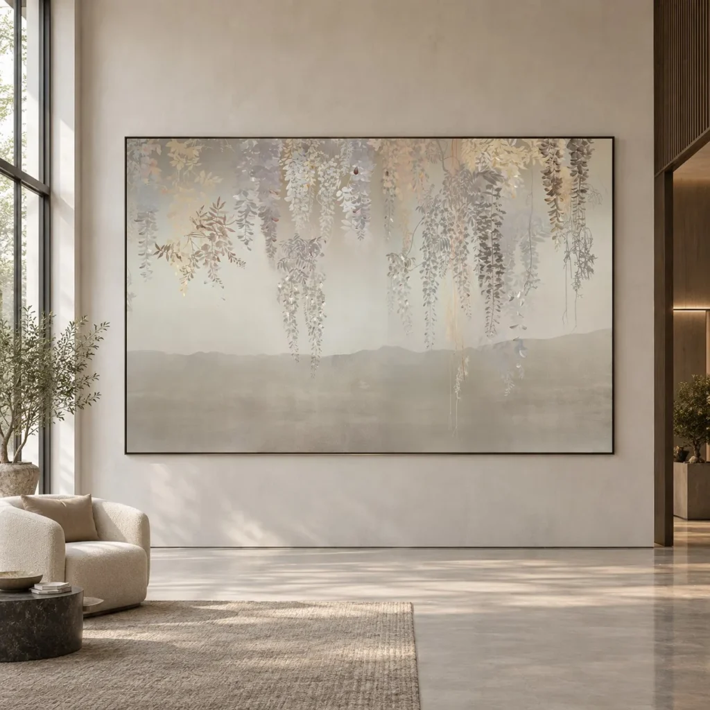 Monumental Wisteria Mural Wall Art, 430 x 280 cm in plum — front view