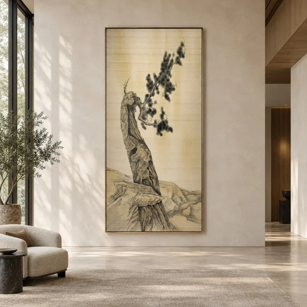 Tall Pine on Rock Ink Painting, 100 x 200 cm in oatmeal — front view