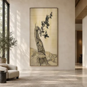 Tall Pine on Rock Ink Painting, 100 x 200 cm in oatmeal — front view