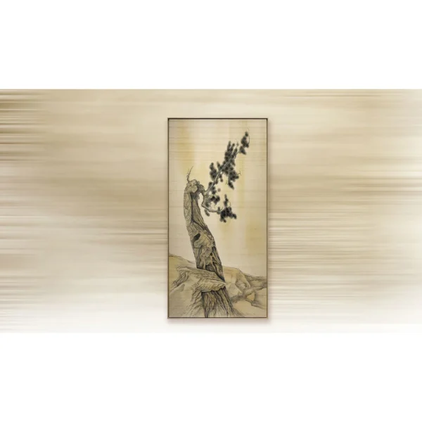 Tall Pine on Rock Ink Painting, 100 x 200 cm in oatmeal — in a room setting