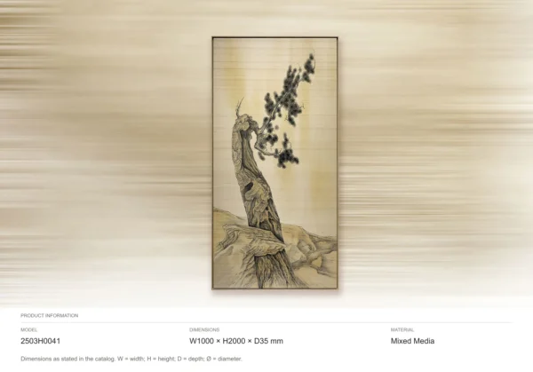 Tall Pine on Rock Ink Painting, 100 x 200 cm in oatmeal — dimensions