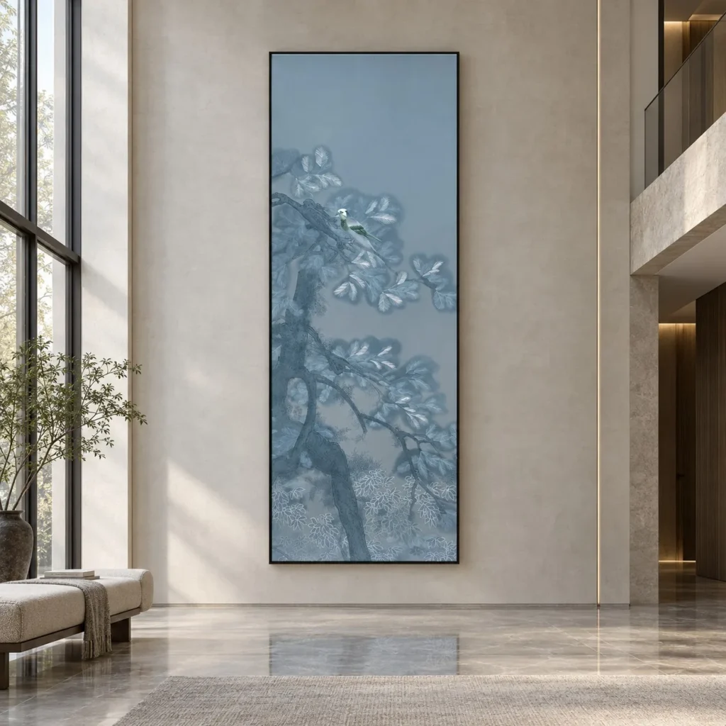 Tall Blue Pine Branch Painting, 100 x 260 cm in blue — front view