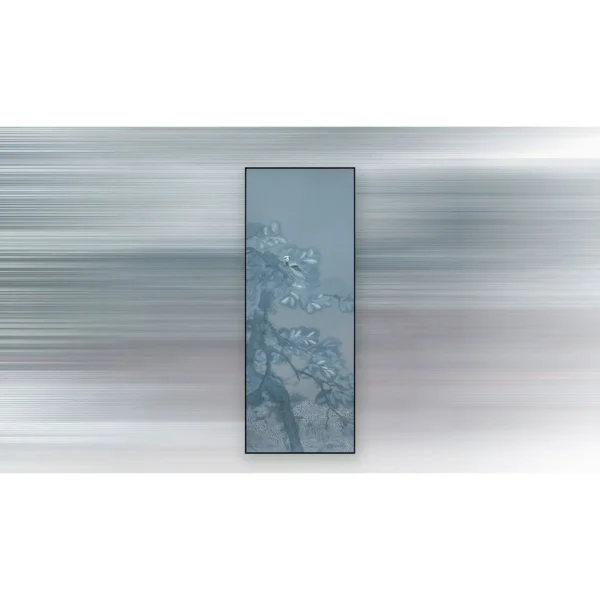 Tall Blue Pine Branch Painting, 100 x 260 cm in blue — in a room setting