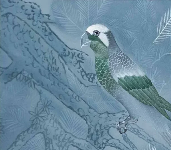 Tall Blue Pine Branch Painting, 100 x 260 cm in blue — detail