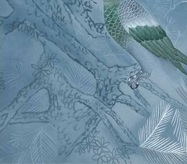 Tall Blue Pine Branch Painting, 100 x 260 cm in blue — detail