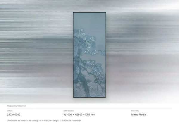 Tall Blue Pine Branch Painting, 100 x 260 cm in blue — dimensions