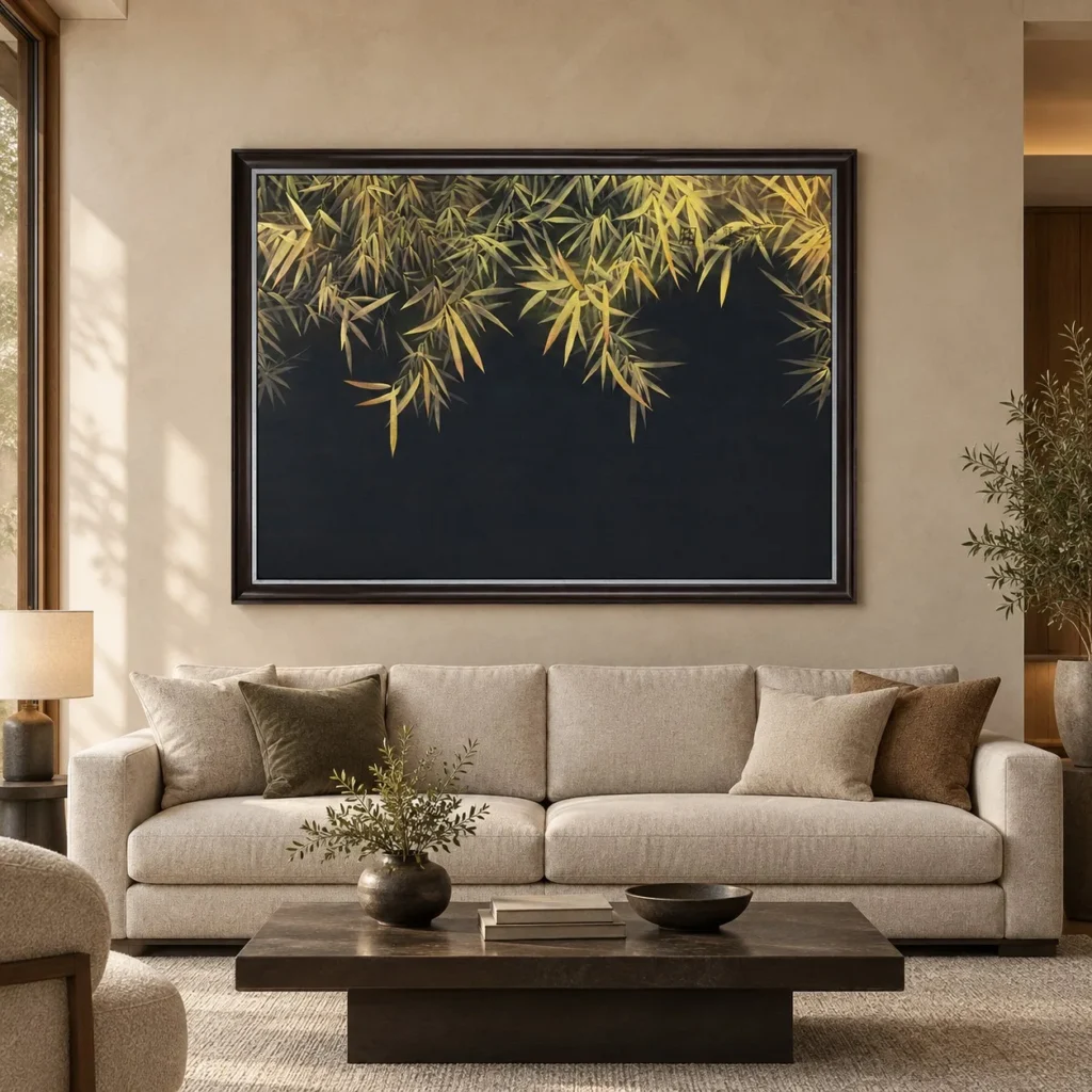 Wide Gold Bamboo on Navy Painting in Black Frame, 220 x 160 — front view