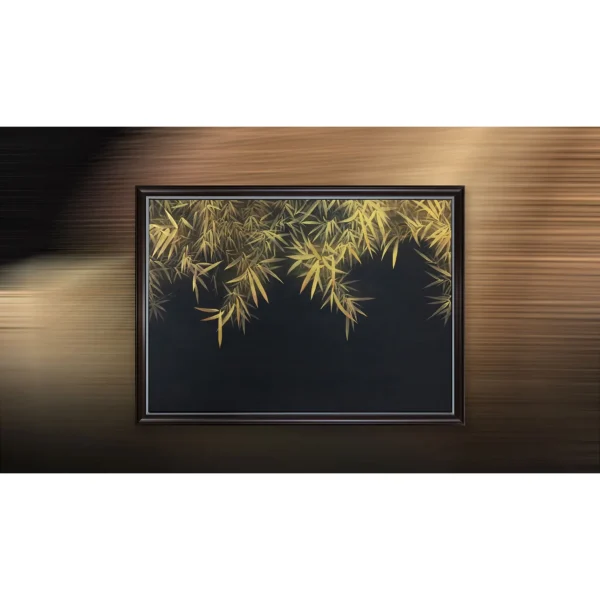 Wide Gold Bamboo on Navy Painting in Black Frame, 220 x 160 — in a room setting