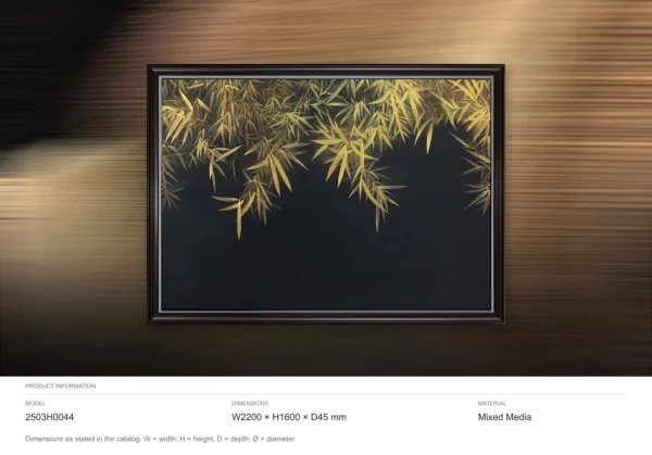 Wide Gold Bamboo on Navy Painting in Black Frame, 220 x 160 — dimensions