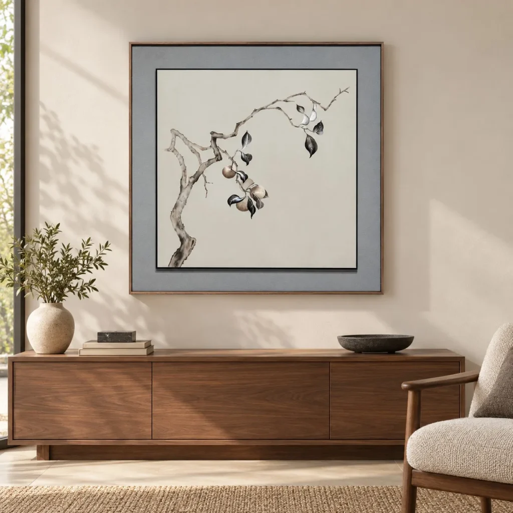 Persimmon Branch Painting in Grey Frame, 100 x 100 cm — front view