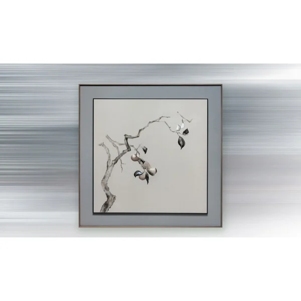 Persimmon Branch Painting in Grey Frame, 100 x 100 cm — in a room setting