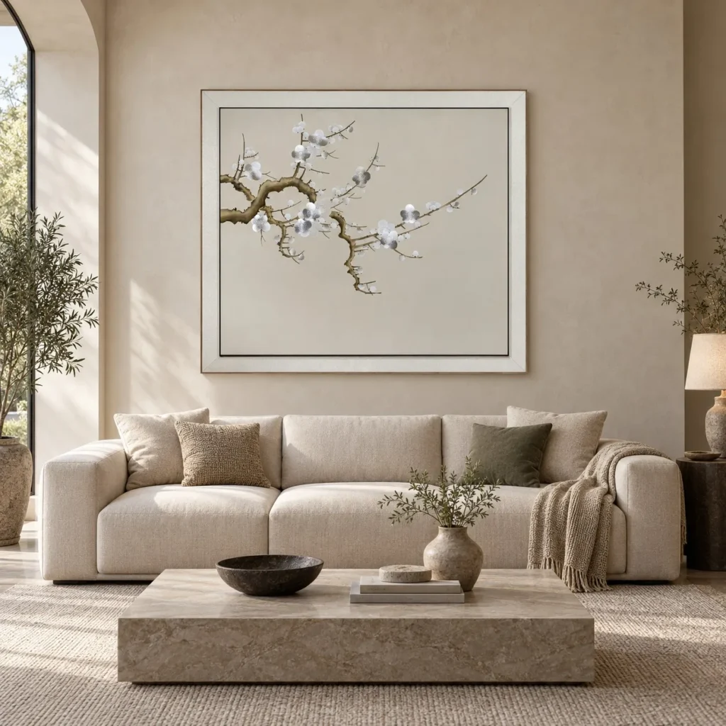 Plum Blossom Branch Relief in Slim Frame, 160 x 140 cm — front view
