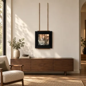 Small Framed Art on Twin Brass Rods, 40 x 108 cm in black — front view
