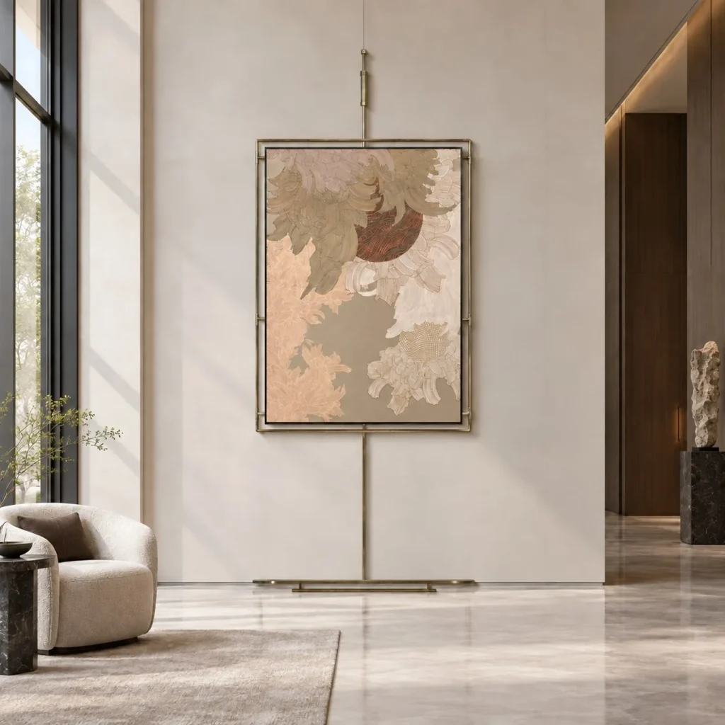 Tall Botanical Panel on Brass Rod, 82 x 183 cm in sand — front view