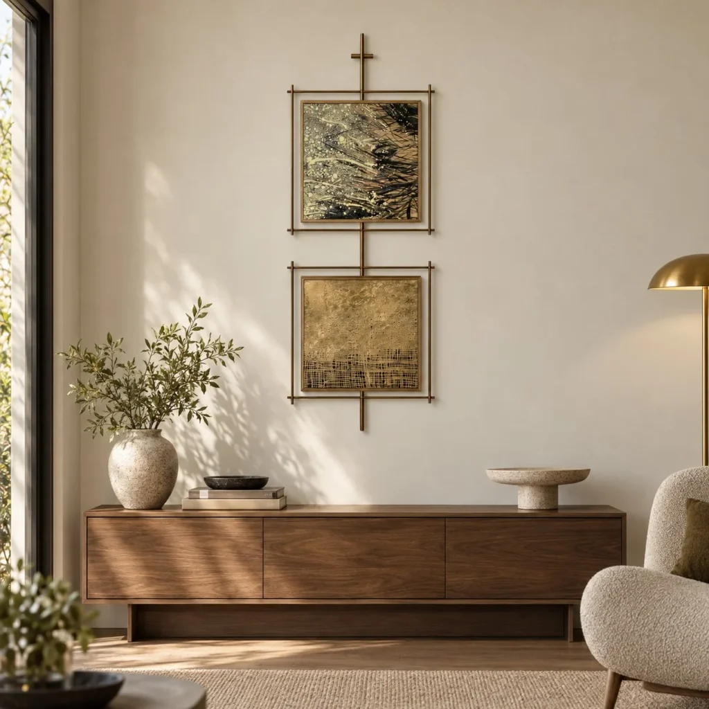 Gold Panel Pair on Brass Rod, 40 x 110 cm in brushed brass — front view