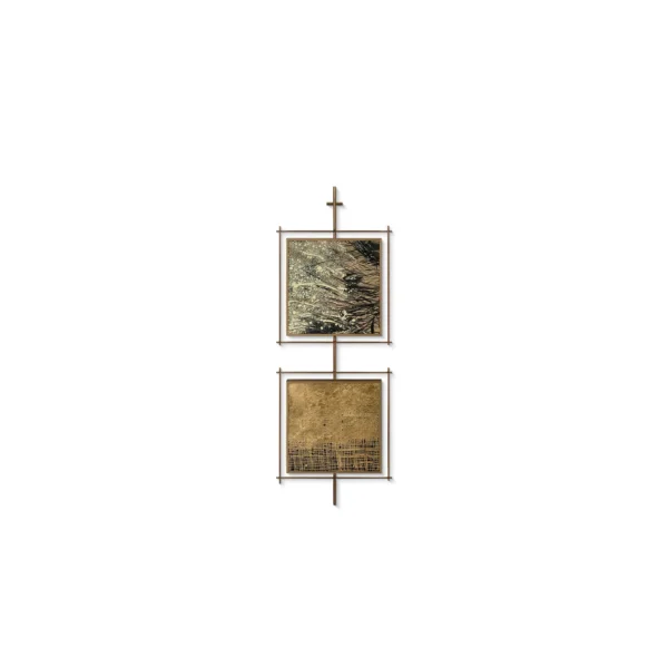 Gold Panel Pair on Brass Rod, 40 x 110 cm in brushed brass — in a room setting