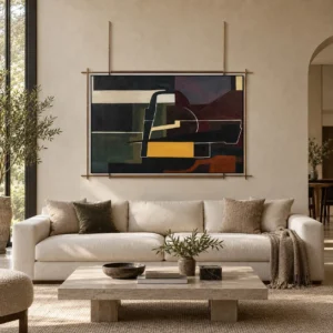Cubist Abstract Painting on Brass Frame Rods, 150 x 140 cm in burgundy — front view