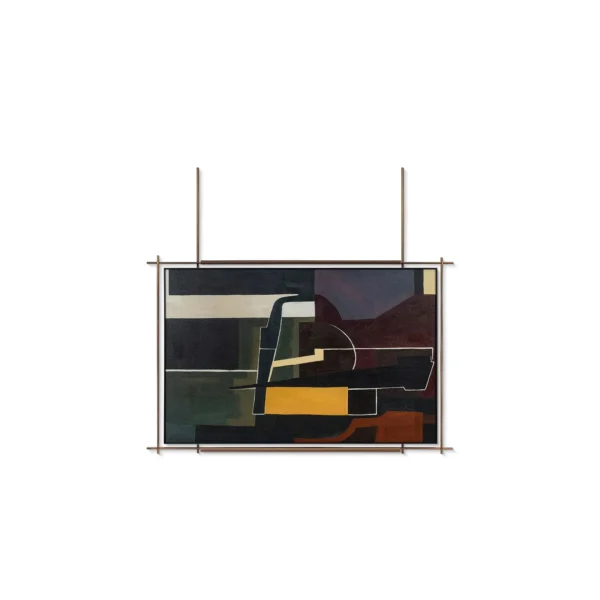 Cubist Abstract Painting on Brass Frame Rods, 150 x 140 cm in burgundy — in a room setting