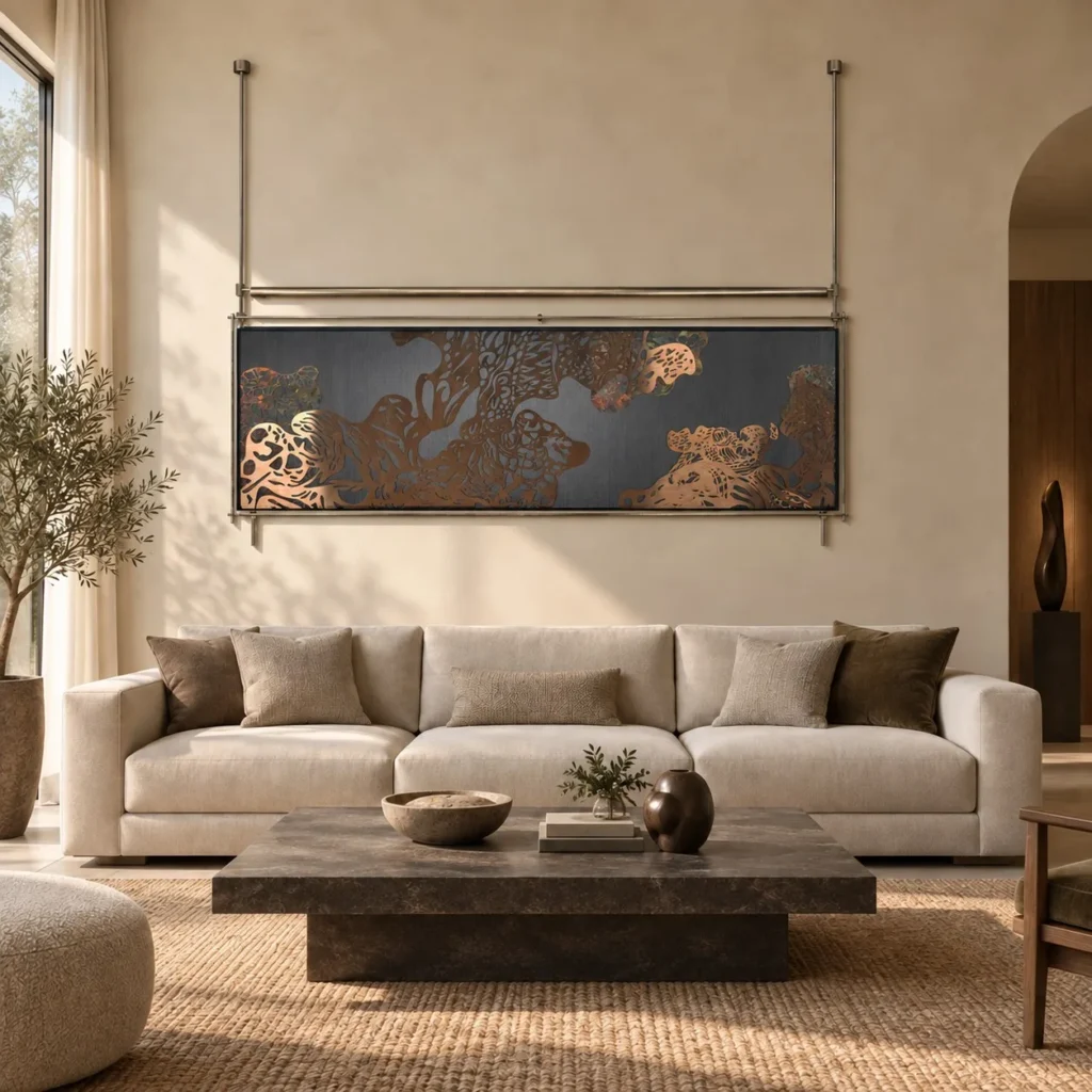 Wide Copper Cloud Relief on Brass Rods, 200 x 160 cm in bronze — front view
