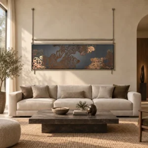 Wide Copper Cloud Relief on Brass Rods, 200 x 160 cm in bronze — front view