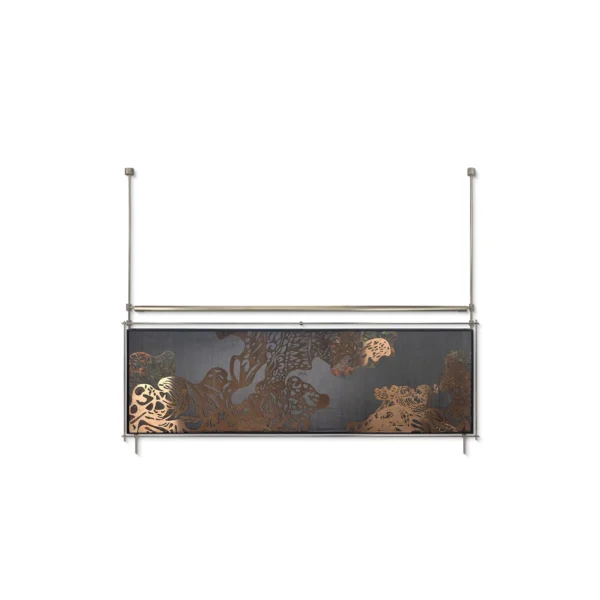 Wide Copper Cloud Relief on Brass Rods, 200 x 160 cm in bronze — in a room setting
