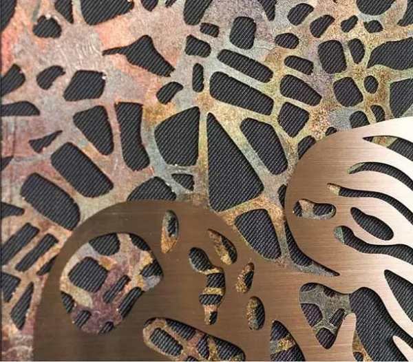 Wide Copper Cloud Relief on Brass Rods, 200 x 160 cm in bronze — detail