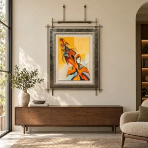 Orange Abstract Figure Painting on Brass Rods, 80 x 146 cm in rust — front view