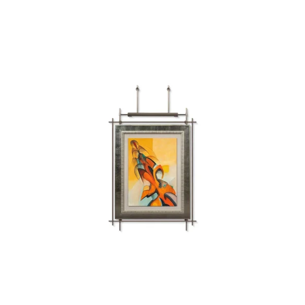 Orange Abstract Figure Painting on Brass Rods, 80 x 146 cm in rust — in a room setting