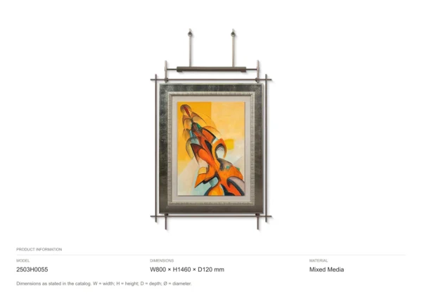 Orange Abstract Figure Painting on Brass Rods, 80 x 146 cm in rust — dimensions