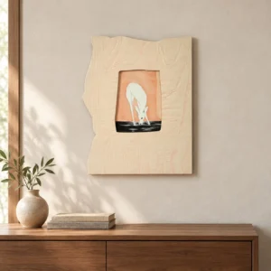 Torn Plaster Frame with Deer Sunset Print, 30 x 38 cm in oatmeal — front view