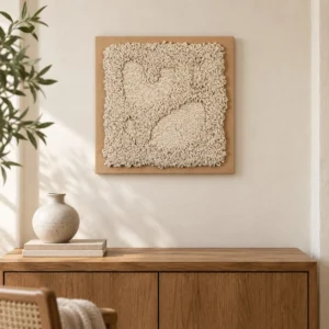 Tufted Cream Wool Relief in Oak Frame, 30 x 30 cm — front view