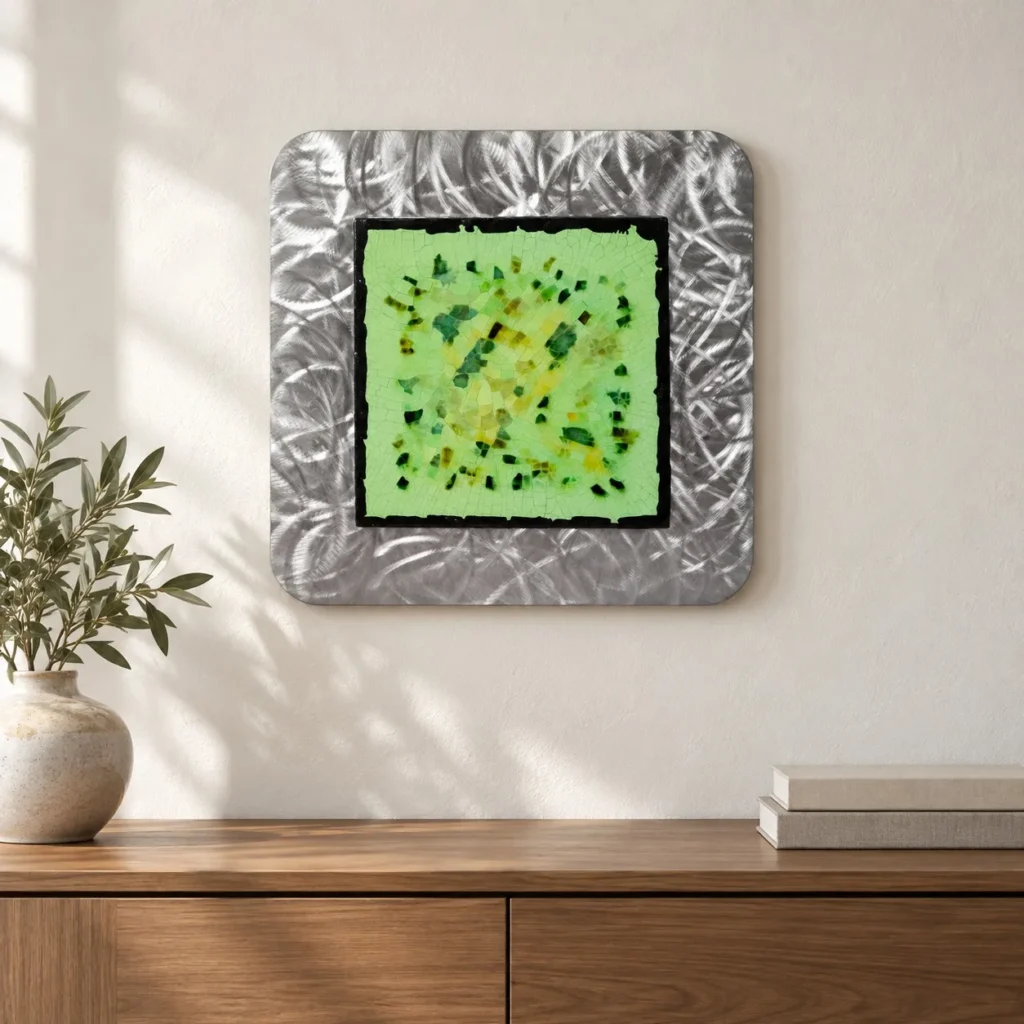 Green Mosaic in Brushed Silver Frame, 45 x 45 cm — front view